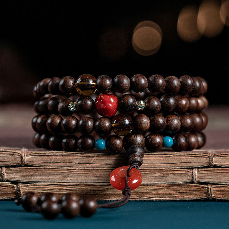 KarmaRipple's 108 Mala Beadwork Kalimantan Agarwood Laughing Buddha Peace Buckle Red Agate Jade Strength Bracelet p18