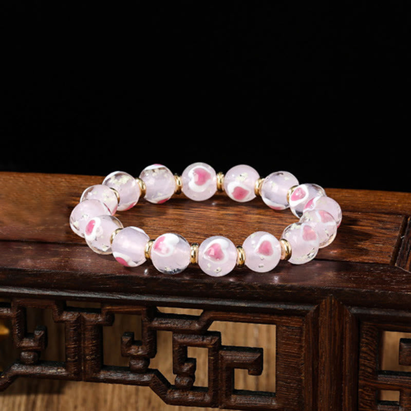 KarmaRipple's Gold Swallowing Beast Family Pink Love Heart Luminous Fluorescent Liuli Glass Bead Bracelet p10