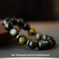Bracelet de protection de richesse en obsidienne dorée et brillante avec le Bouddha du zodiaque chinois de KarmaRipple