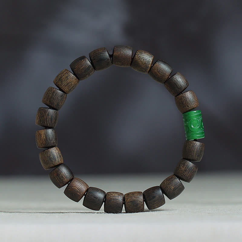 KarmaRipple's Nha Trang Rare Bai Qinan Agarwood Cyan Jade Red Agate Laughing Buddha Tibetan Bone Strength Meditation Bracelet p34
