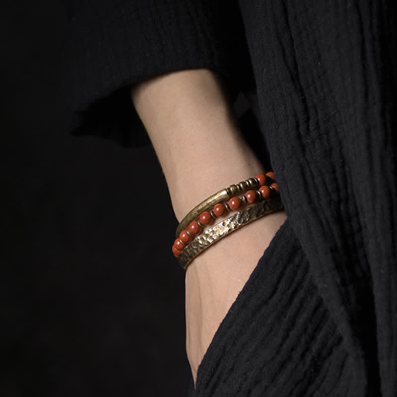 KarmaRipple's Red Jasper Moss Agate Black Obsidian Gemstone Bronze Peace Pair Bracelet p6