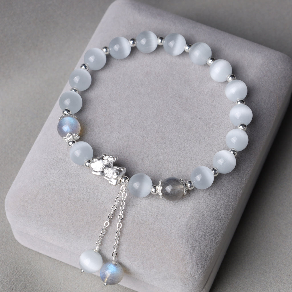 KarmaRipple's Authentic Cat's Eye Moonstone Strawberry Quartz PiXiu Support Bracelet p4