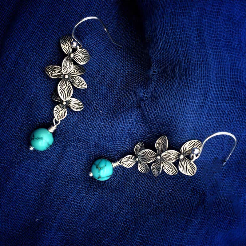 KarmaRipple's 925 Sterling Silver Turquoise Lazurite Flower Leaf Serenity Protection Hook Drop Dangle Earrings p10