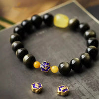 Bracelet de protection de richesse en argent sterling 925 avec bouddha du zodiaque chinois authentique et brillant en or et ambre obsidienne de KarmaRipple