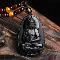 Collier pendentif en obsidienne noire authentique avec le Bouddha du zodiaque chinois de KarmaRipple