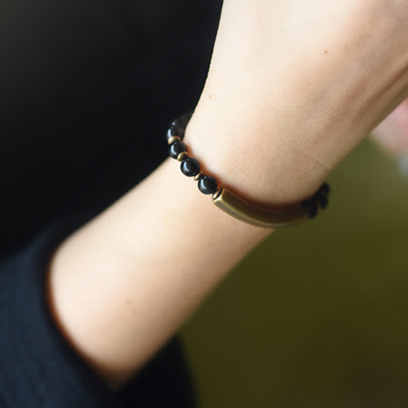 KarmaRipple's Red Jasper Moss Agate Black Obsidian Gemstone Bronze Peace Pair Bracelet p23