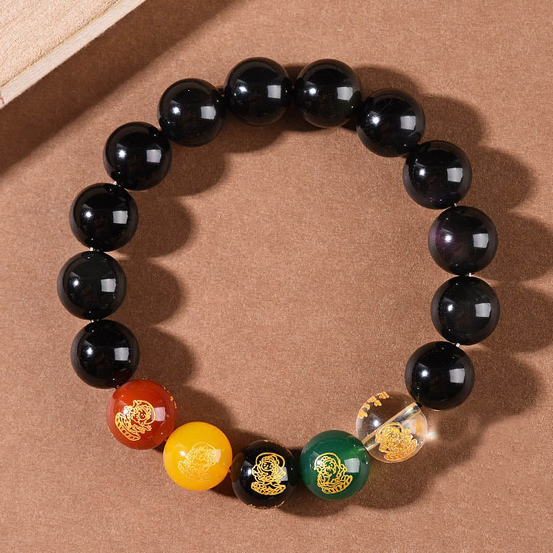 KarmaRipple's Gold Sheen Obsidian Rainbow Obsidian Black Obsidian Five Directions Gods of Wealth Bracelet p2
