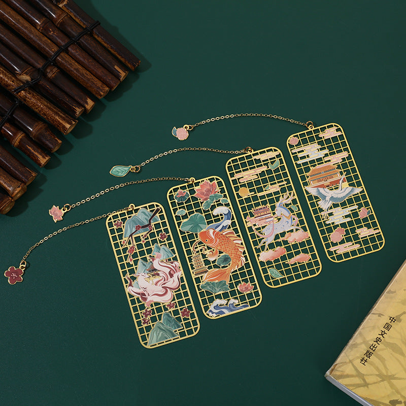 KarmaRipple's Elk Koi Fish Crane Nine Tailed Fox Metal Brass Hollow Bookmark p5