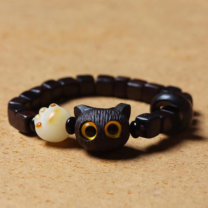 KarmaRipple's Ebony Wood Cute Cat Bodhi Seed Paw Claw Square Beadwork Calm Bracelet p5