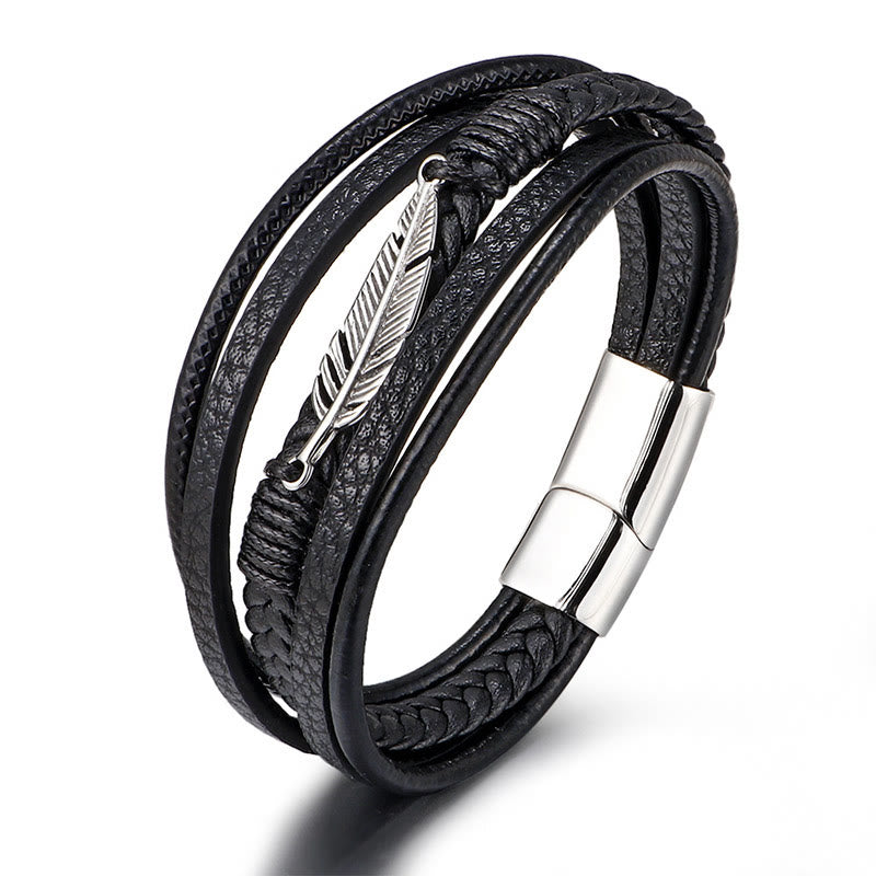 KarmaRipple's Feather Pattern Multilayer Leather Titanium Steel Calm Woven Magnetic Buckle Bracelet p15