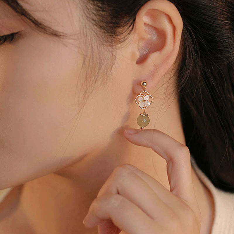 KarmaRipple's Tridacna Stone Flower Jade Bead Blessing Drop Earrings p12