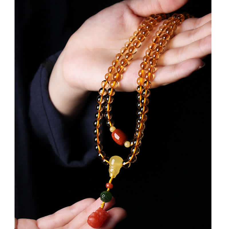 KarmaRipple's 108 Mala Beadwork Authentic Citrine Amber Peace Buckle Red Agate PiXiu Protection Talisman Bracelet p25