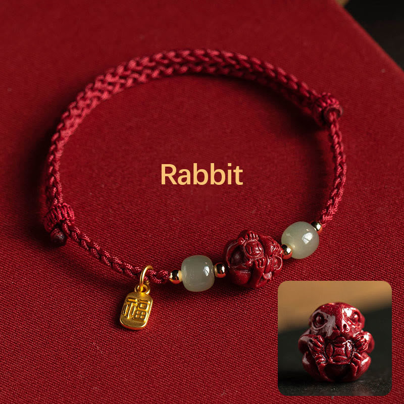 KarmaRipple's Authentic Cinnabar Chinese Zodiac Hetian Jade Fu Character Fortune Rope Bracelet p39