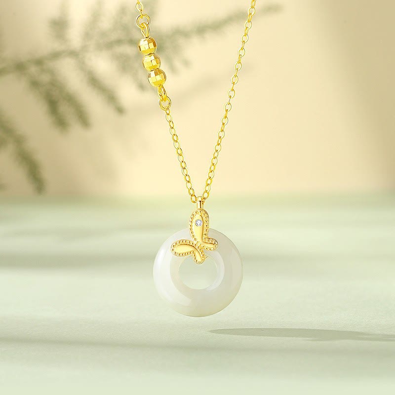 KarmaRipple's 925 Sterling Silver Ginkgo Leaf Butterfly Rose Chalcedony Hetian Jade Peace Buckle Fu Character Balance Pendant Necklace p19