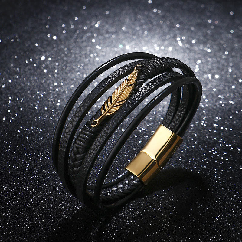 KarmaRipple's Feather Pattern Multilayer Leather Titanium Steel Calm Woven Magnetic Buckle Bracelet p6