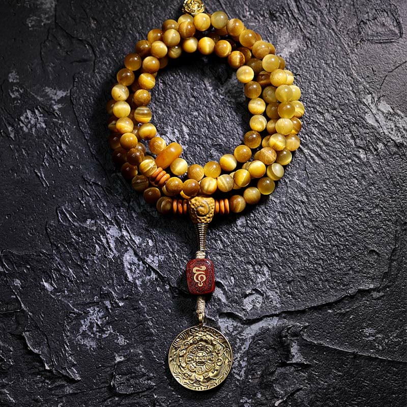 KarmaRipple's 108 Mala Beadwork Authentic Tiger Eye Bronze Dorje Protection Tassel Bracelet p32
