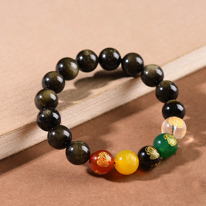 KarmaRipple's Gold Sheen Obsidian Rainbow Obsidian Black Obsidian Five Directions Gods of Wealth Bracelet p7