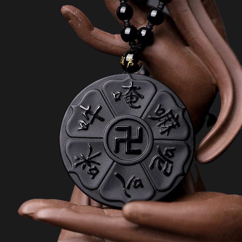 KarmaRipple's Authentic Black Obsidian Tibetan Om Mani Padme Hum Buddha Swastika Fortune Pendant Necklace p4