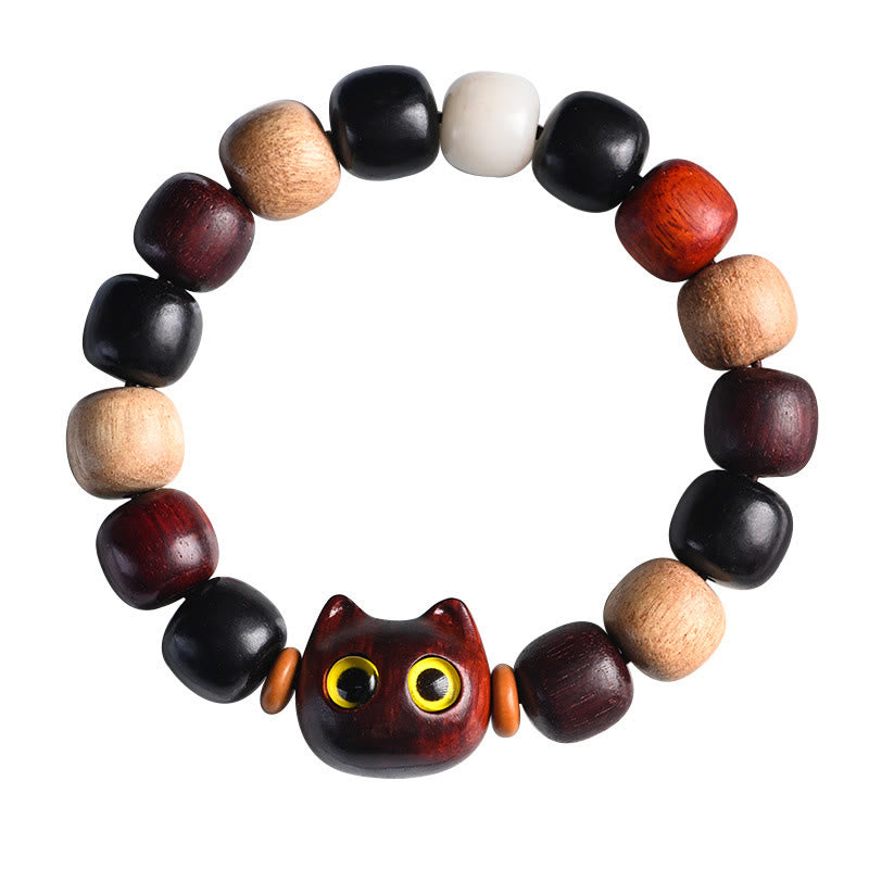 KarmaRipple's Small Leaf Red Sandalwood Ebony Wood Cute Cat Engraved Protection Bracelet p18