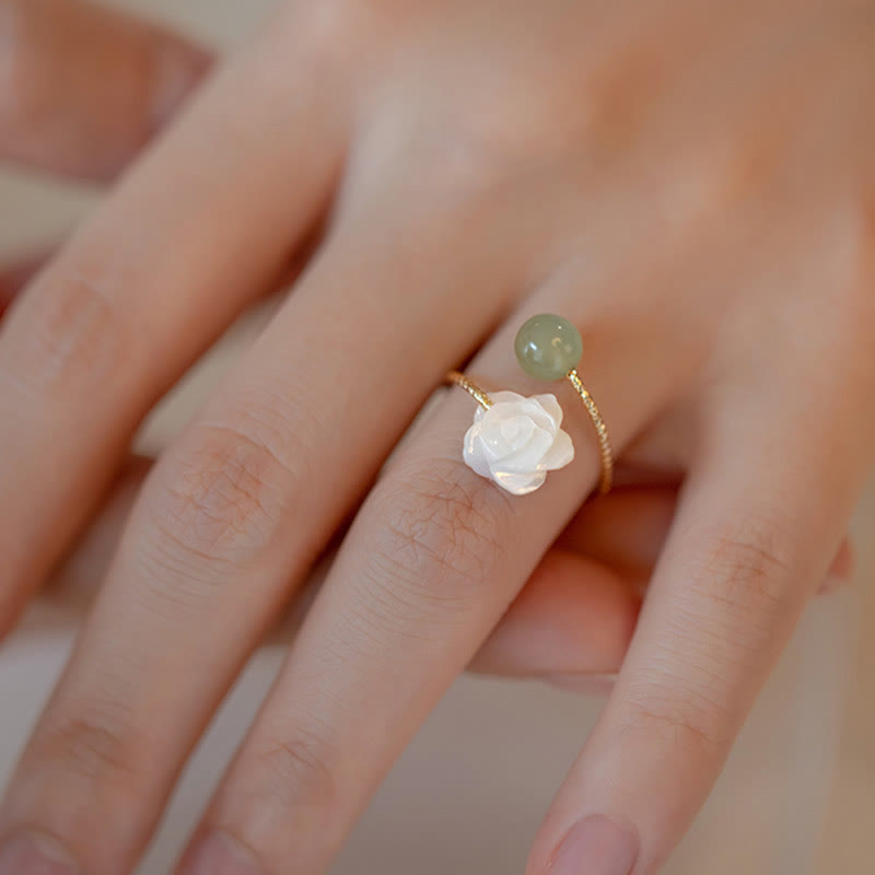 KarmaRipple's 14K Gold Plated Tridacna Stone'se Flower Jade Bead Blessing Ring p3