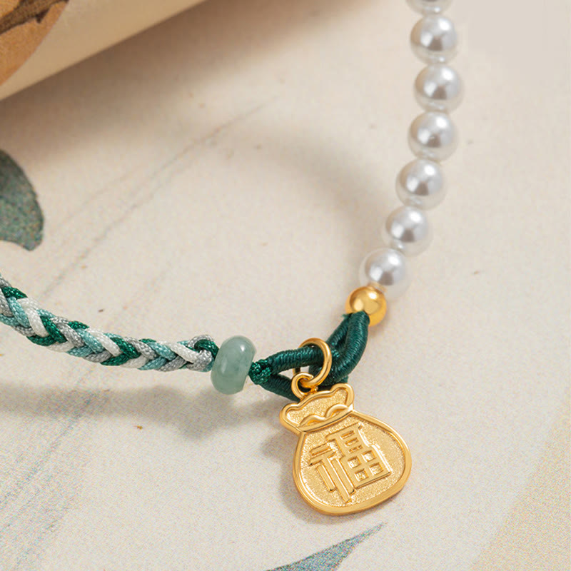 KarmaRipple's 925 Sterling Silver Fu Character Fortunate Bag Pearl Hetian Jade Wisdom Rope Bracelet p4