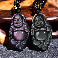 Collier pendentif authentique en obsidienne arc-en-ciel représentant le Bouddha rieur et la paix intérieure de KarmaRipple