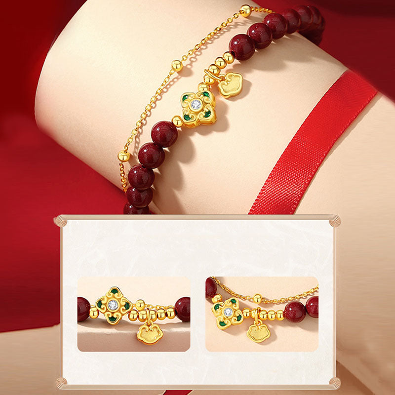 KarmaRipple's 925 Sterling Silver Authentic Cinnabar Four Leaf Clover Flower Blessing Chain Bracelet p9