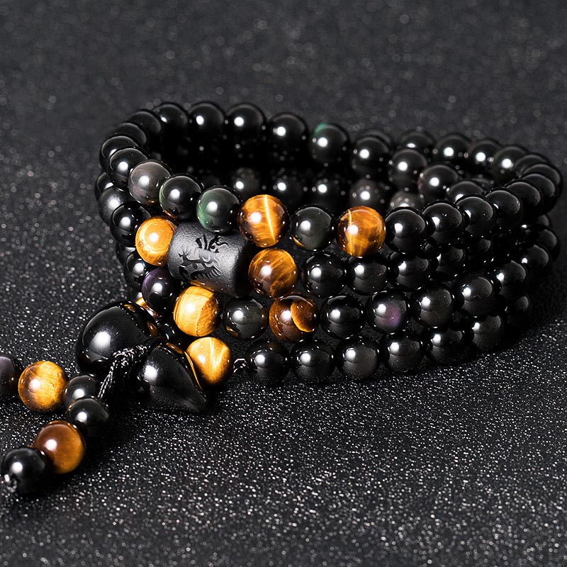 KarmaRipple's Authentic Black Obsidian Rainbow Obsidian Gourd Blessing Bracelet Mala p5
