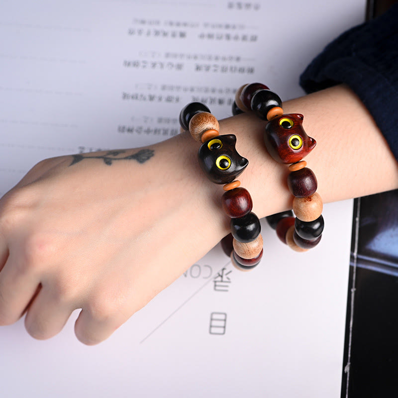 KarmaRipple's Small Leaf Red Sandalwood Ebony Wood Cute Cat Engraved Protection Bracelet p19