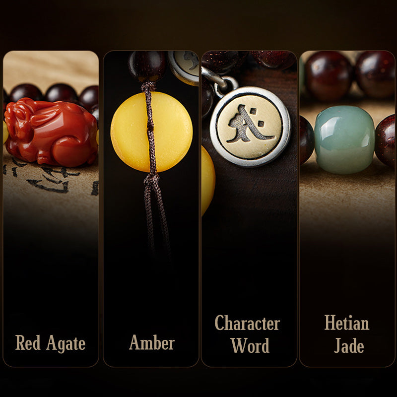 KarmaRipple's Chinese Zodiac Natal Buddha 108 Mala Beadwork Small Leaf Red Sandalwood Red Agate PiXiu Protection Bracelet p17