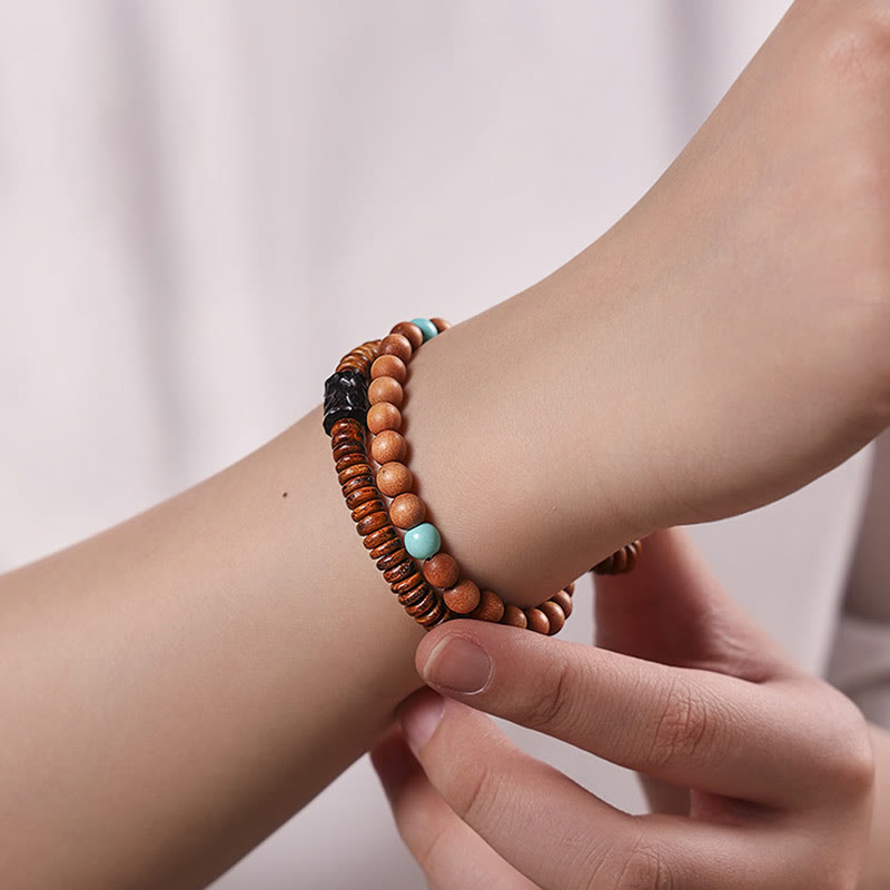 KarmaRipple's Sandalwood Small Leaf Red Sandalwood Thuja Sutchuenensis Boxwood Turquoise Protection Double Wrap Bracelet p10