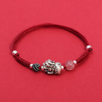 Bracelet tissé en argent sterling 999 avec perles de quartz fraise PiXiu de KarmaRipple