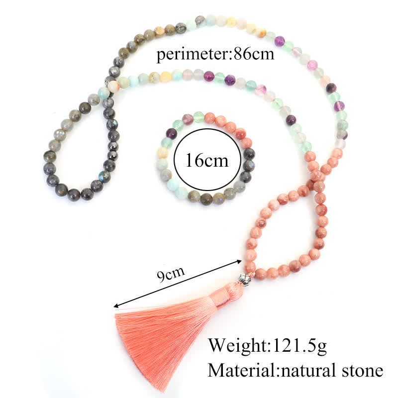 KarmaRipple's 108 Mala Beadwork Fluorite Black Glitter Stone Protection Tassel Bracelet ( p18