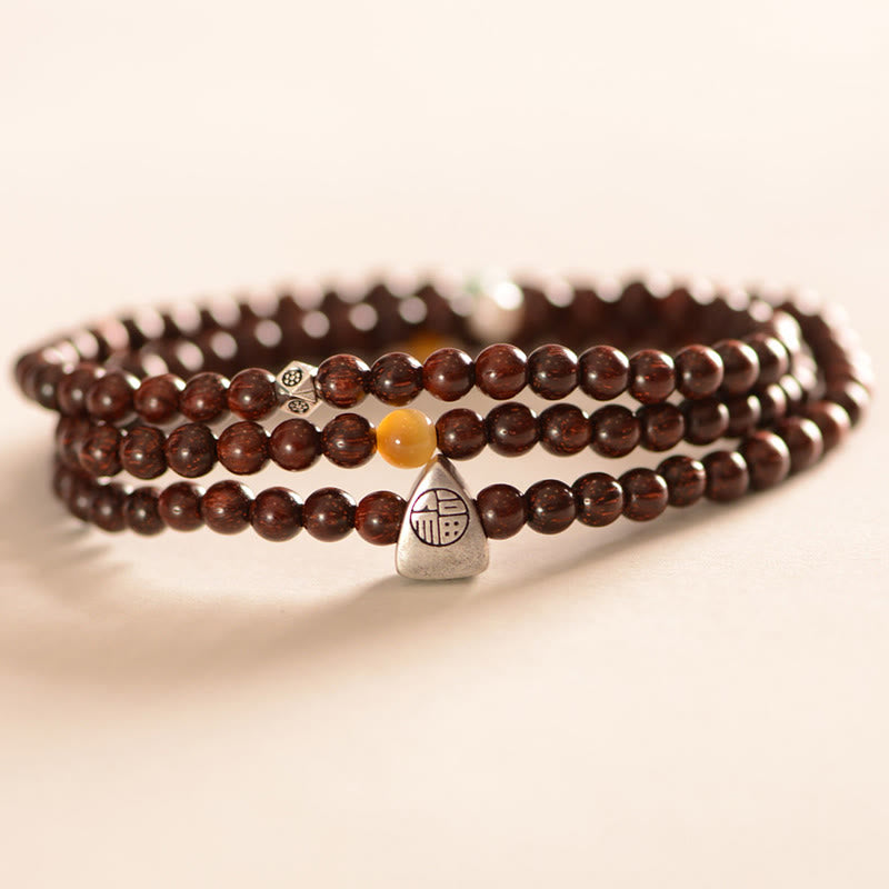KarmaRipple's 925 Sterling Silver Indian Small Leaf Red Sandalwood Fu Character Protection Triple Wrap Bracelet p2
