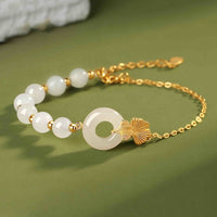 Bracelet porte-bonheur en argent sterling 925 et jade ivoire Hetian de KarmaRipple, boucle de paix, feuille de ginkgo