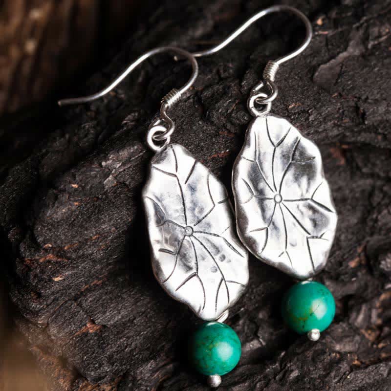 KarmaRipple's 925 Sterling Silver Turquoise Lotus Leaf Protection Drop Dangle Earrings p2