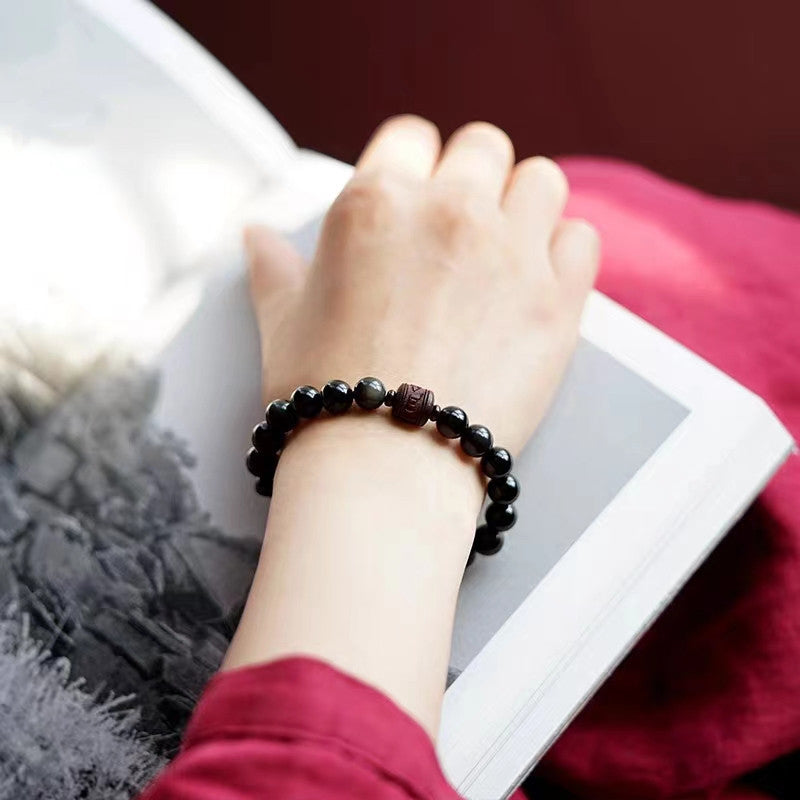 KarmaRipple's Authentic Gold Sheen Obsidian Rainbow Obsidian Om Mani Padme Hum Fu Character Balancing Bracelet p37