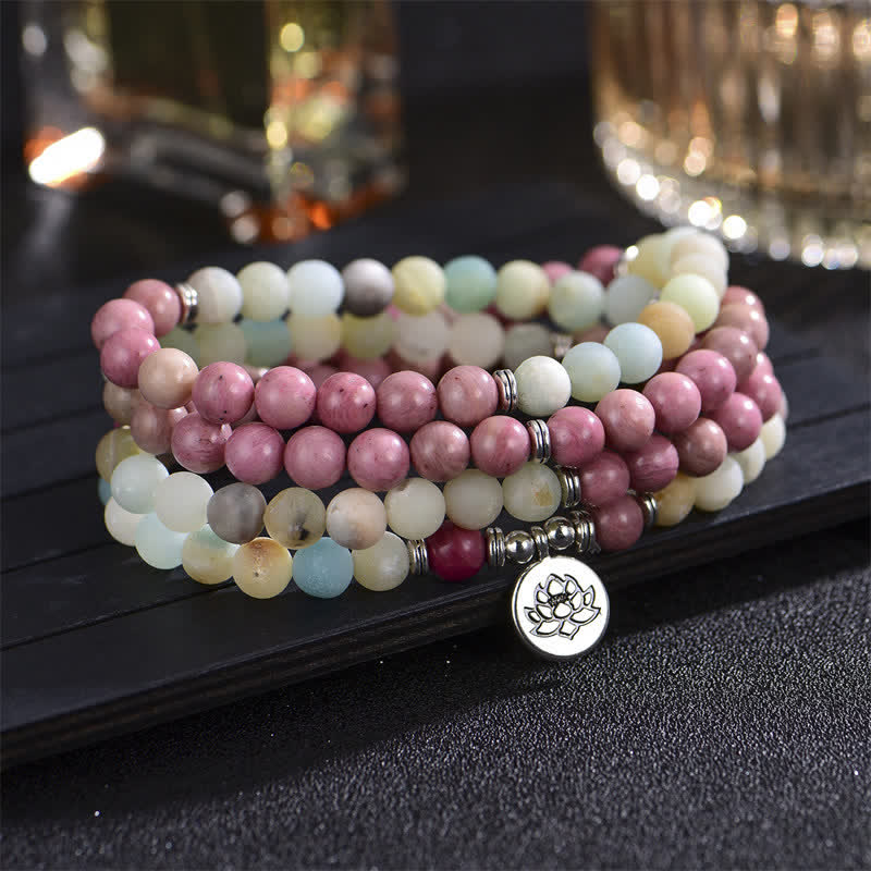 KarmaRipple's Lazurite Picasso Jasper Amazonite Rhodonite Apatite Positive Lotus Prayer Bead Bracelet p23