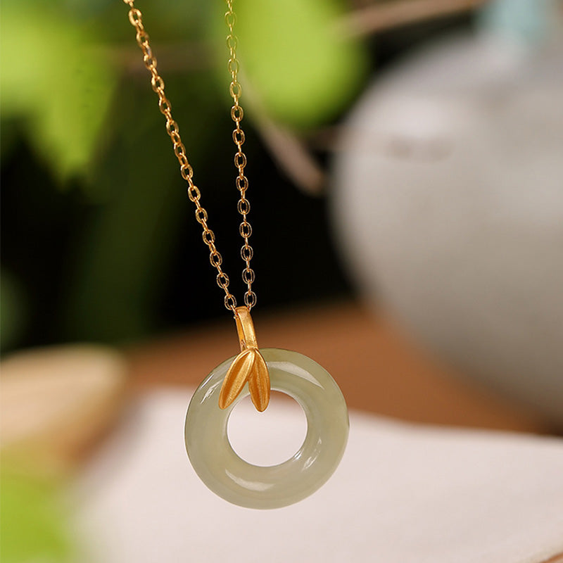 KarmaRipple's 925 Sterling Silver Cyan Jade Peace Buckle Bamboo Leaf Balance Pendant Necklace p5