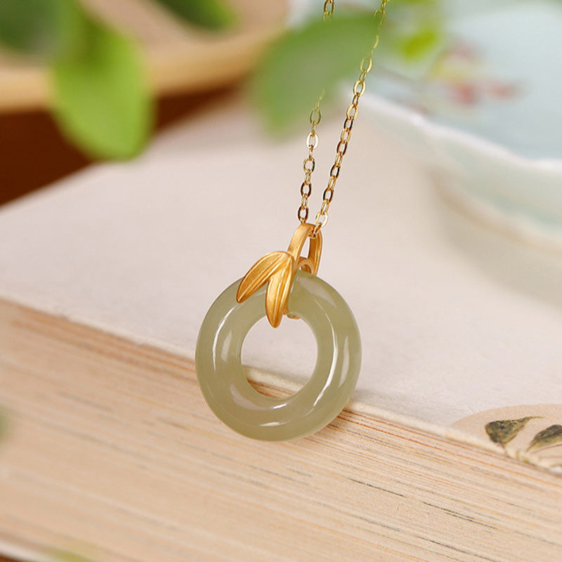 KarmaRipple's 925 Sterling Silver Cyan Jade Peace Buckle Bamboo Leaf Balance Pendant Necklace p1