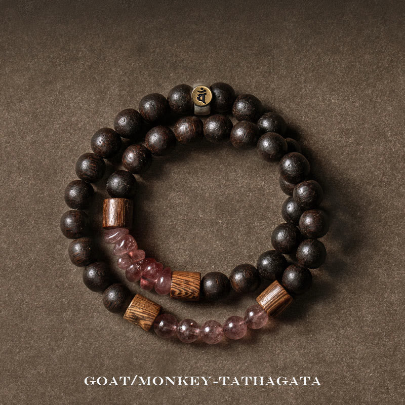 KarmaRipple's 925 Sterling Silver Chinese Zodiac Natal Buddha Agarwood Strawberry Quartz Peace Double Wrap Bracelet p42