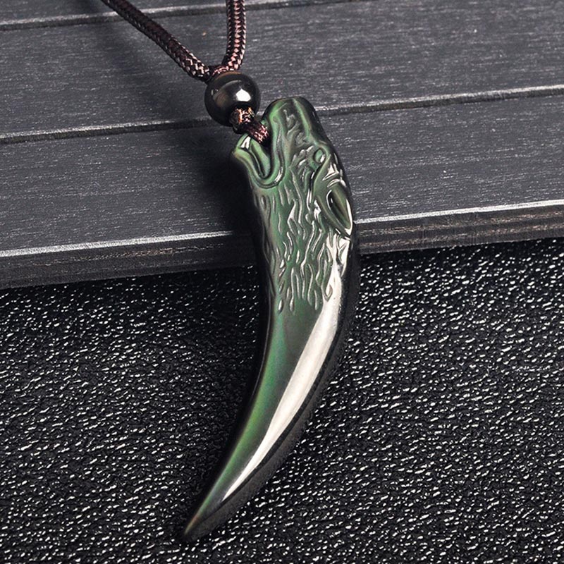 KarmaRipple's Authentic Black Obsidian Ice Obsidian Rainbow Obsidian Wolf Tooth Pattern Strength Pendant Necklace p14