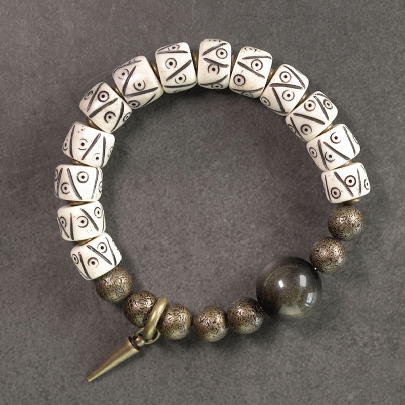 KarmaRipple's Tibetan Yak Bone Gold Sheen Obsidian Brass Bead Strength Bracelet p20