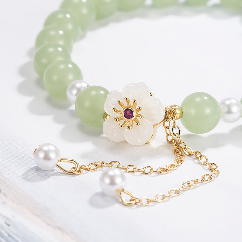KarmaRipple's Jade Peach Blossom Flower Pearl Fortune Blessing Bracelet p5