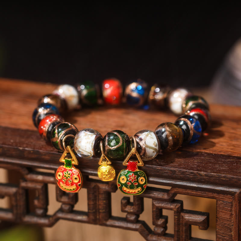 KarmaRipple's Five Elements Gold Swallowing Beast Family Talisman Liuli Glass Bead Fortune Bracelet p30
