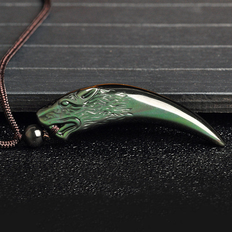 KarmaRipple's Authentic Black Obsidian Ice Obsidian Rainbow Obsidian Wolf Tooth Pattern Strength Pendant Necklace p17