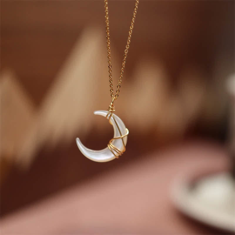 KarmaRipple's Authentic Tridacna Stone Crescent Moon Blessing Pendant Necklace p1