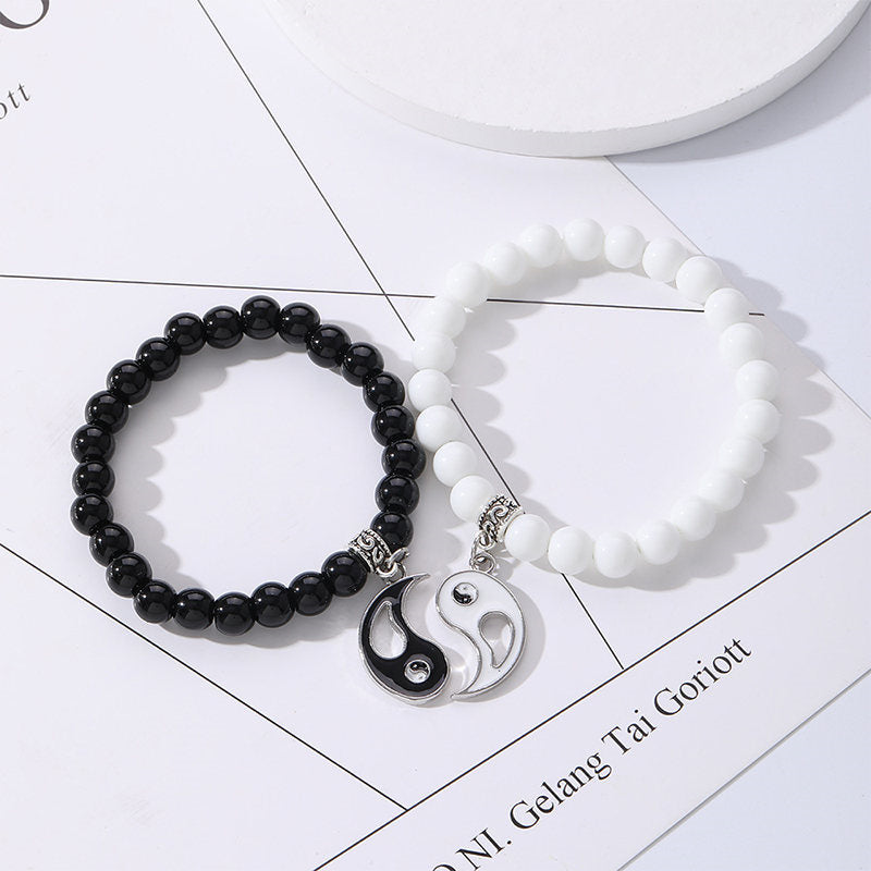 KarmaRipple's 2Pcs Black Onyx Ivory Turquoise Bead Yin Yang Protection Pair Bracelet p12