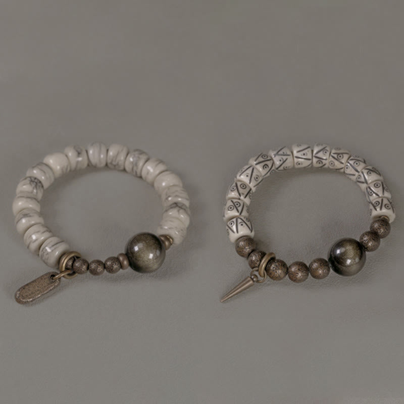 KarmaRipple's Tibetan Yak Bone Gold Sheen Obsidian Brass Bead Strength Bracelet p15