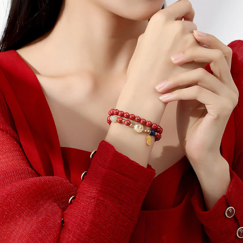 KarmaRipple's 925 Sterling Silver Cinnabar Tridacna Stone Fu Character Double Wrap Blessing Bracelet p3